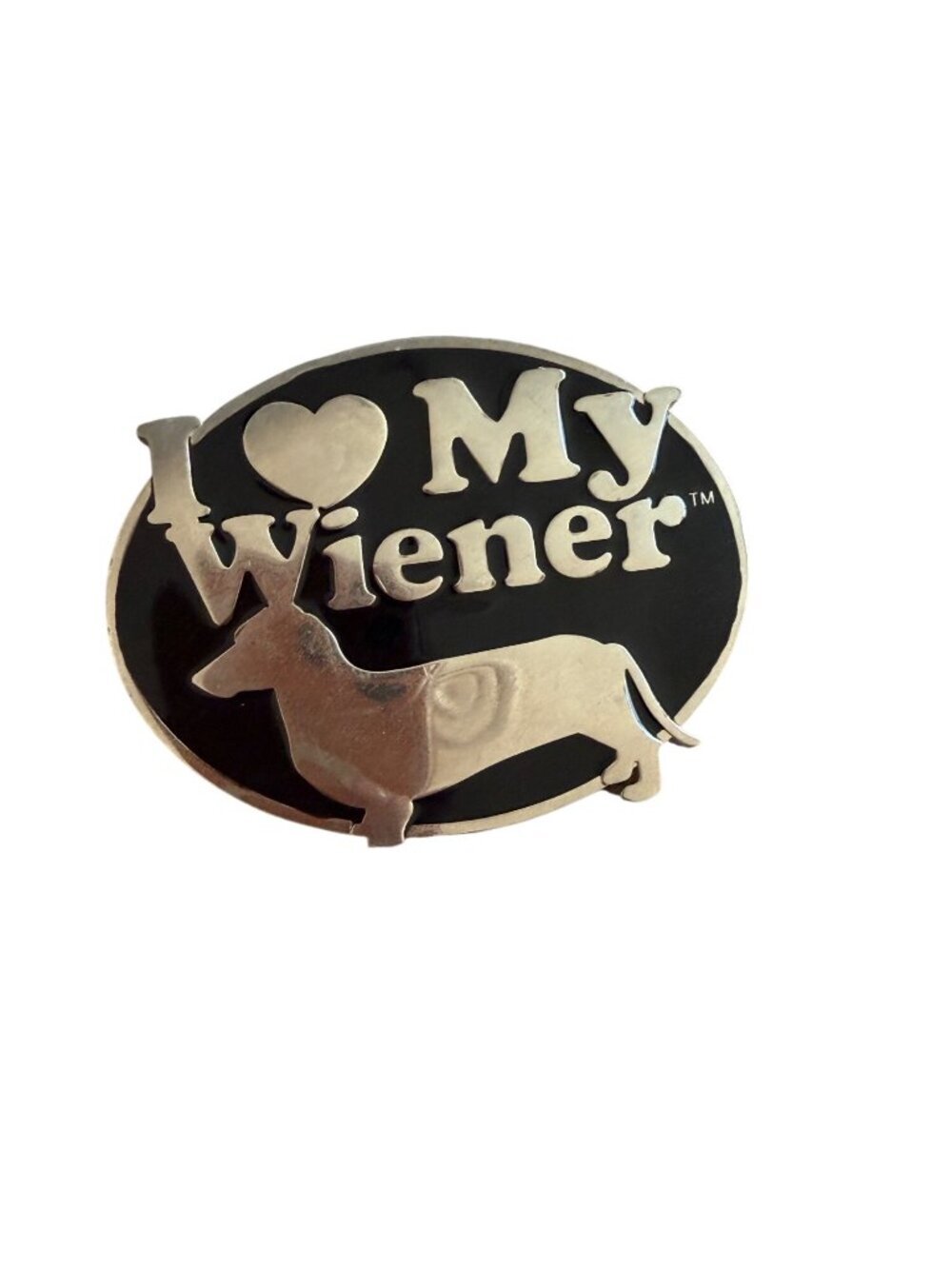 Ripple Junction "I Love My Wiener" Belt Buckle Silver-toned Black Enamel Y2k